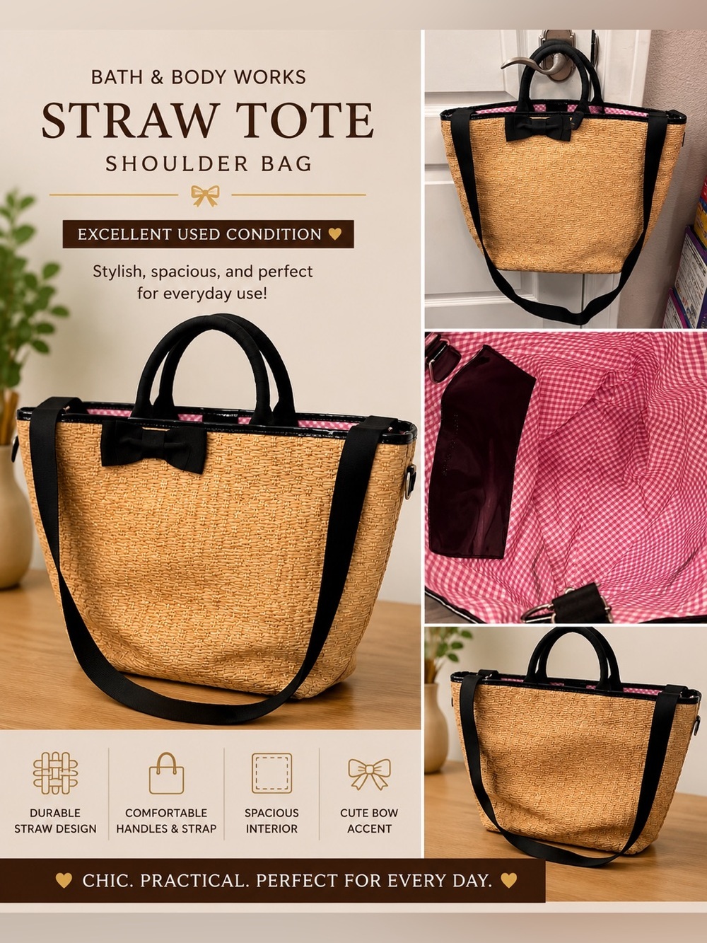 Bath & Body Works Natural Straw Tote with Black Trim and Pink Lining